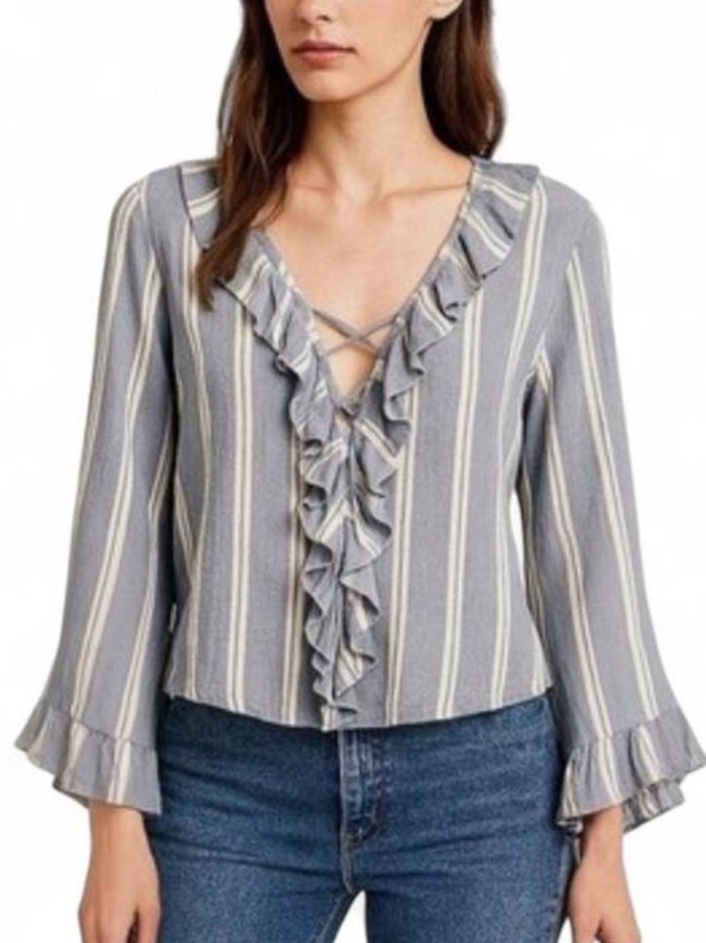 American Eagle Blue & White Striped Ruffle Lace-Up Boho Crop Top - Size Medium